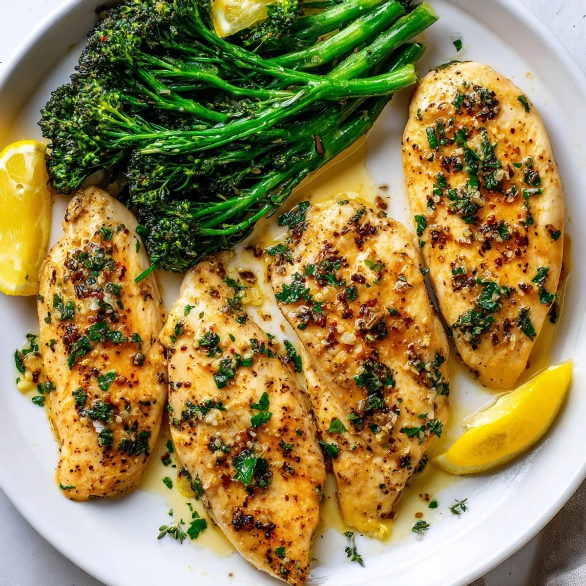 Sliced Garlic Herb Chicken With Roasted Broccolini And Lemon on parchment lined sheet