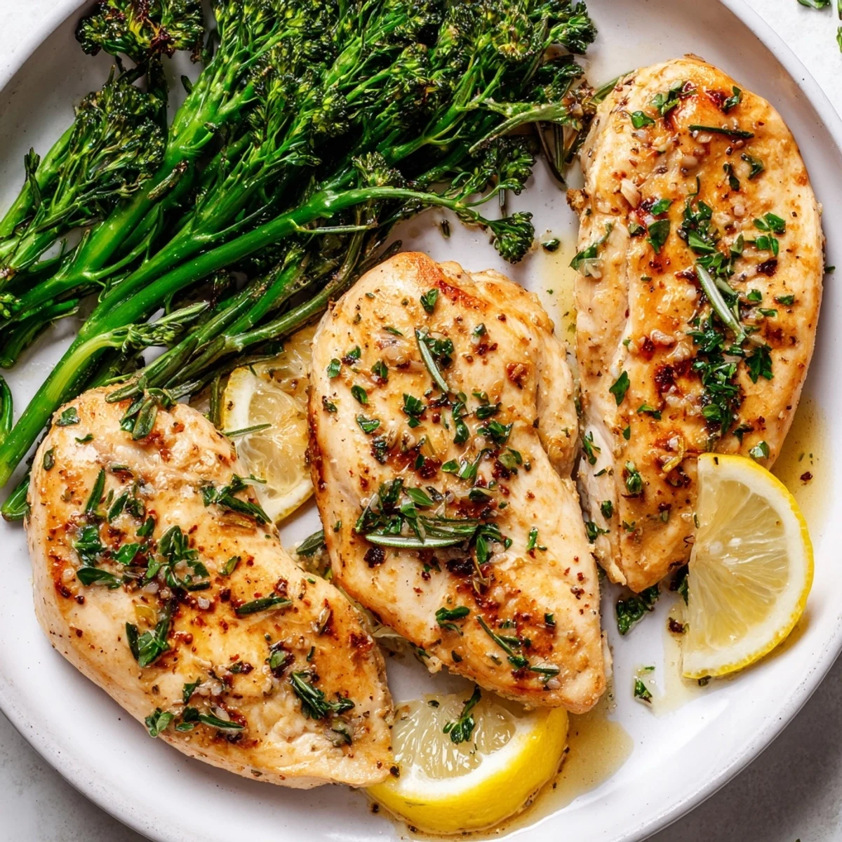 Brightly seasoned Garlic Herb Chicken With Roasted Broccolini And Lemon resting, herbs scattered
