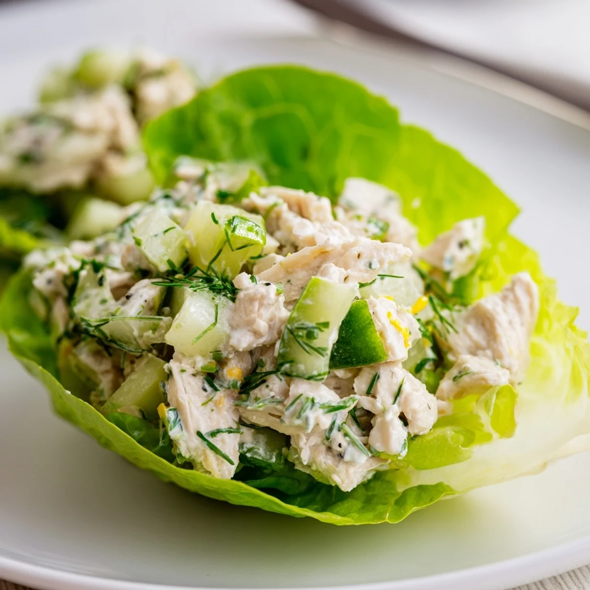 Bright, herb-flecked Cottage Cheese Lemon Herb Chicken Salad Lettuce Cups served chilled