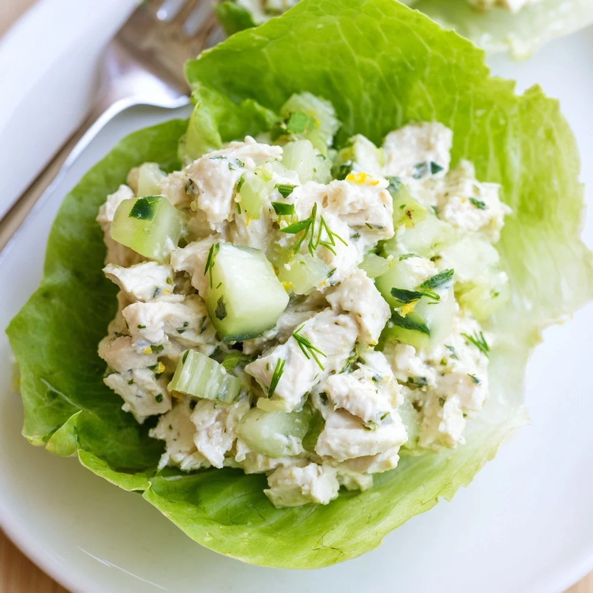 Protein-packed Cottage Cheese Lemon Herb Chicken Salad Lettuce Cups garnished with fresh dill