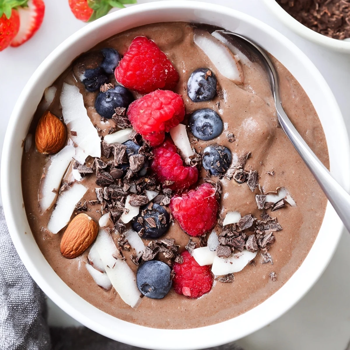Spoonful of chilled Chocolate Almond Coconut Berry Protein Chia Cream, bright berries.