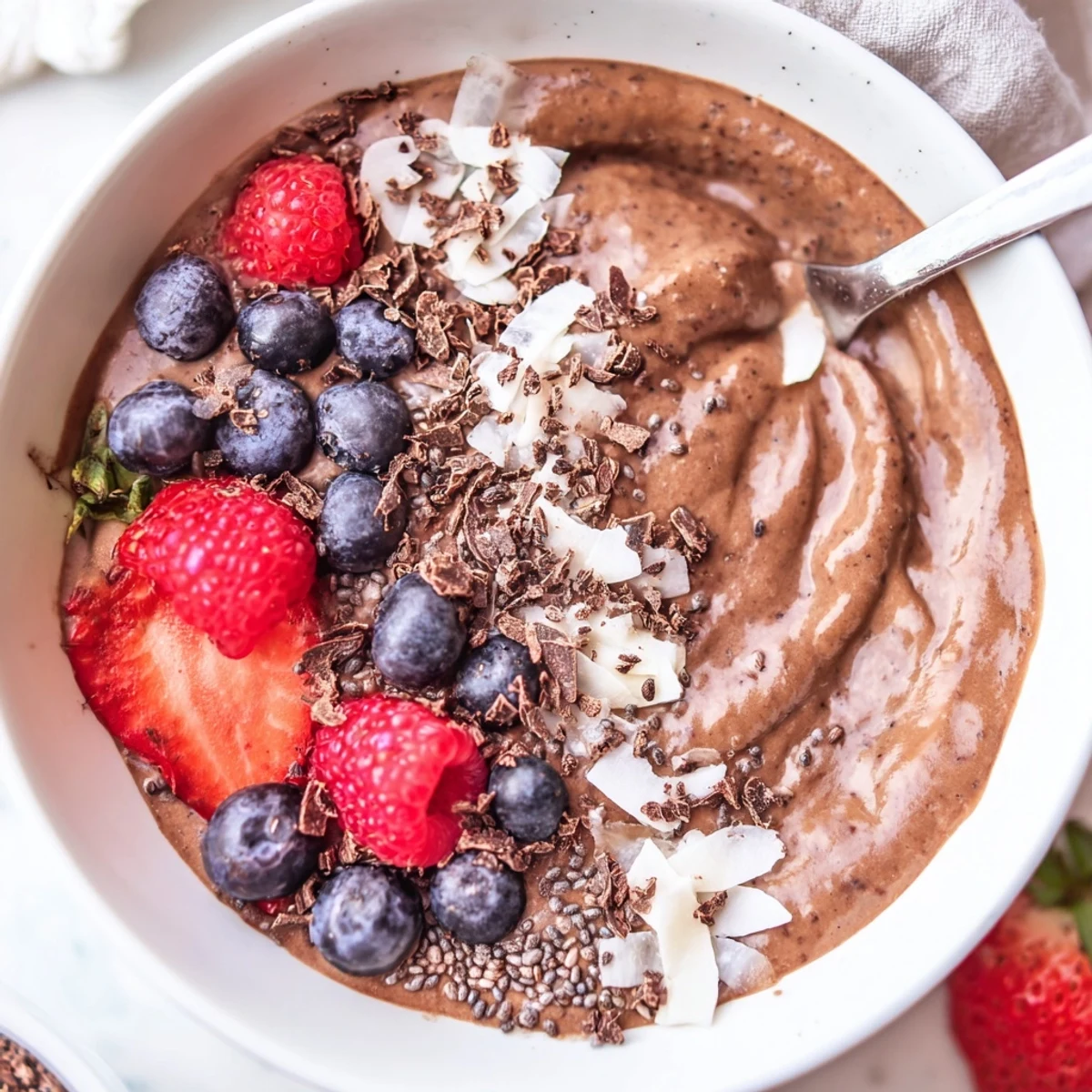 Velvety Chocolate Almond Coconut Berry Protein Chia Cream in glass, berry-topped.