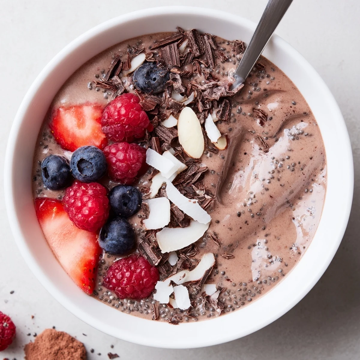 Toasted almond and coconut crunch crown the Chocolate Almond Coconut Berry Protein Chia Cream.