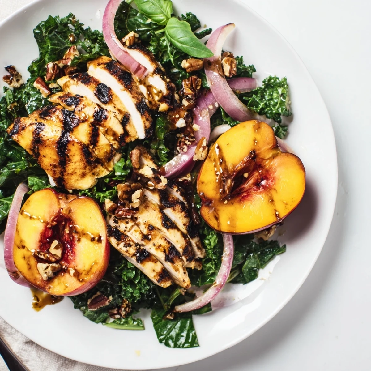 Serve warm with crunchy pecans, Grilled Peach and Kale Chicken Salad with Fresh Basil.