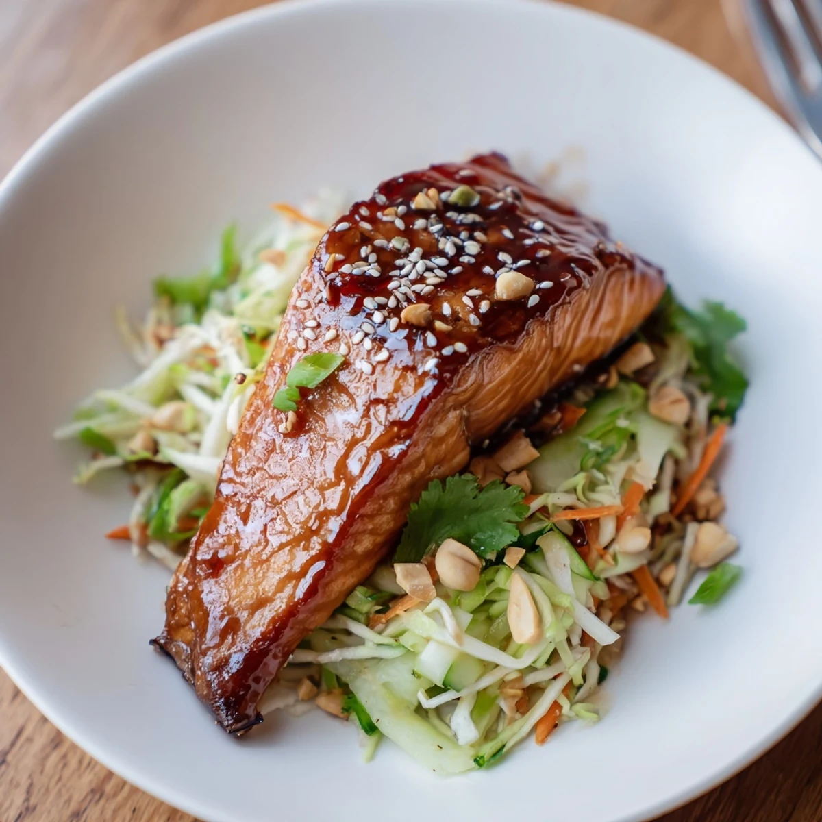 Miso Maple Salmon With Sesame Cucumber Crunch Slaw, caramelized glaze glistening over flaky fish