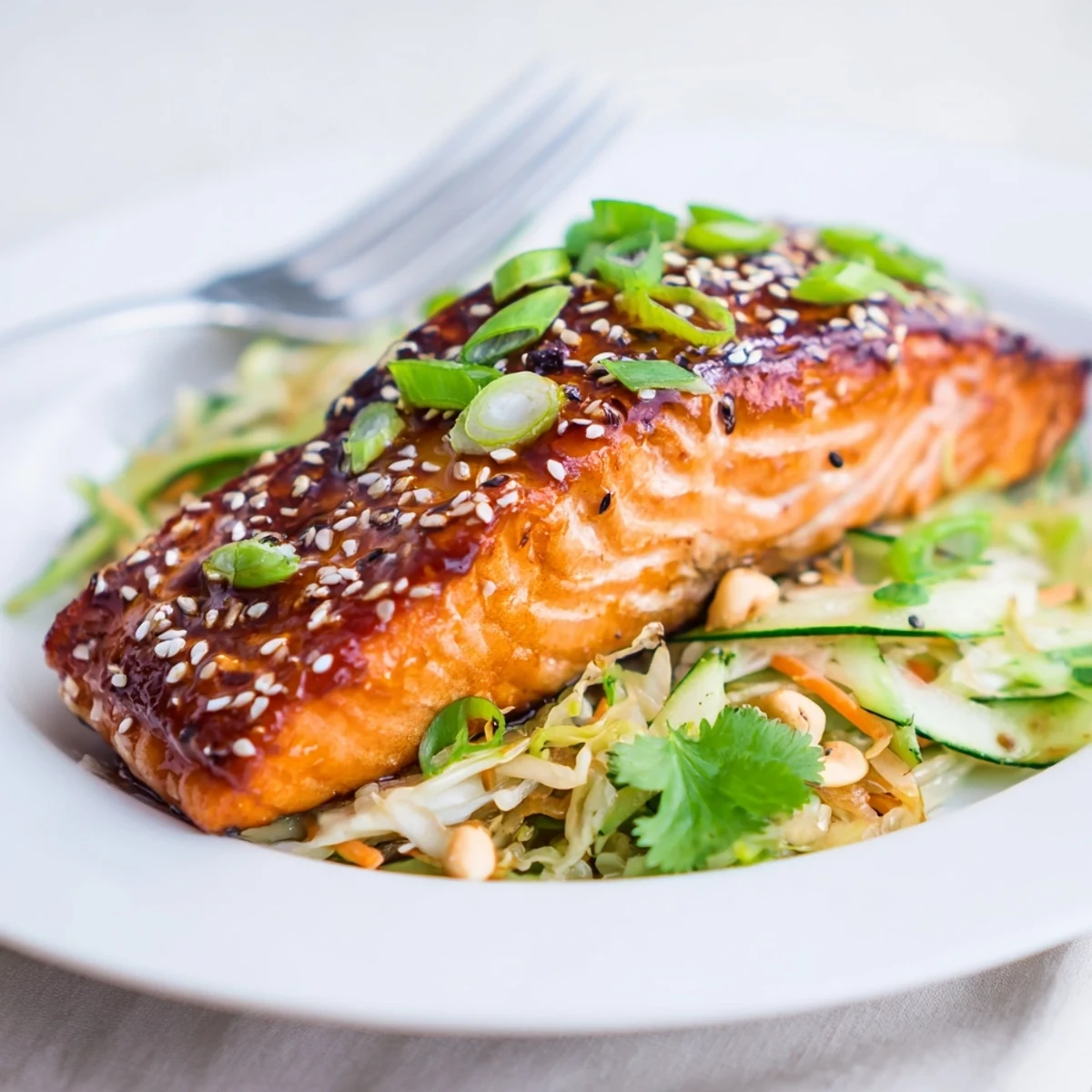 Oven-baked Miso Maple Salmon With Sesame Cucumber Crunch Slaw, sticky, sesame-scented