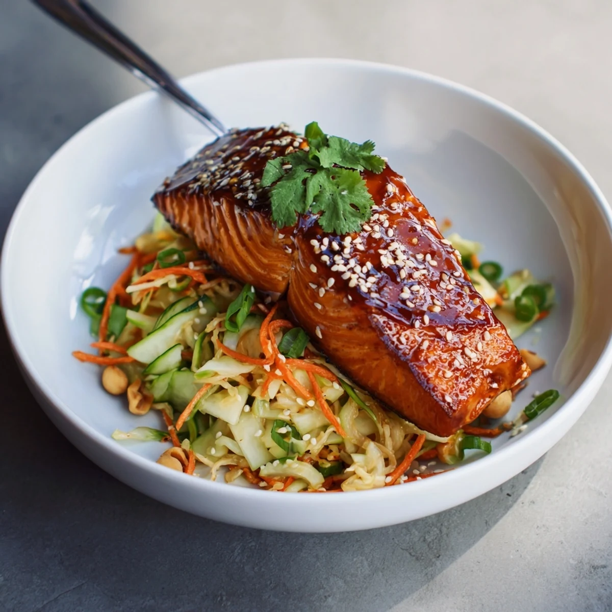 Serve Miso Maple Salmon With Sesame Cucumber Crunch Slaw over steamed jasmine rice