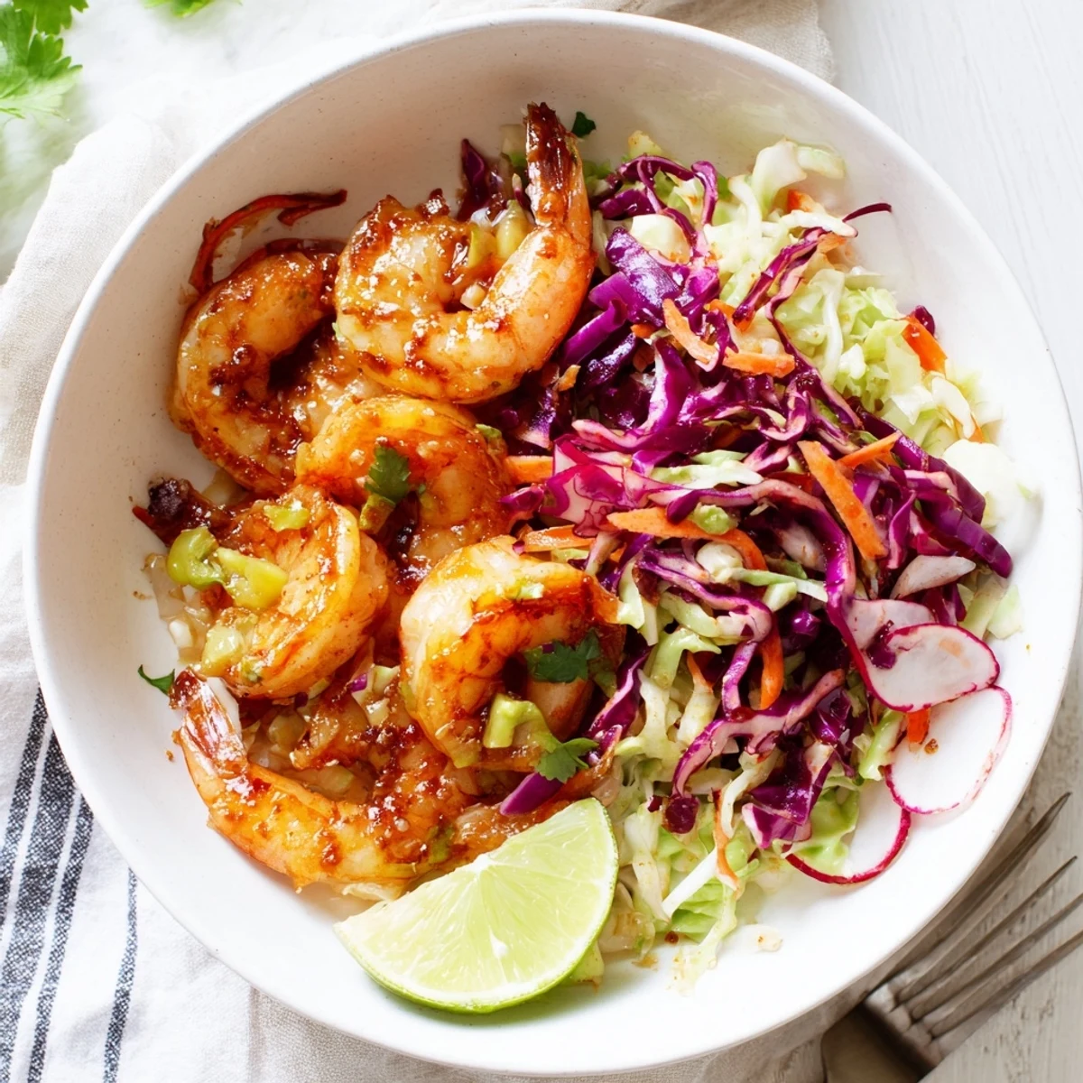 Spicy Pineapple Shrimp With Lime Avocado Cabbage Crunch served over steaming jasmine rice