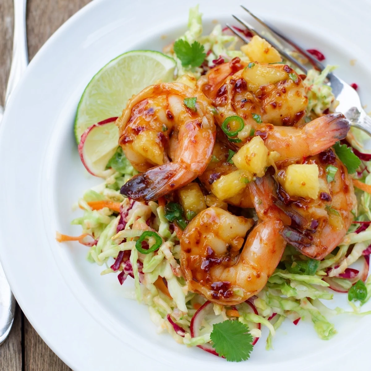 Tangy, crunchy cabbage topped with Spicy Pineapple Shrimp With Lime Avocado Cabbage Crunch