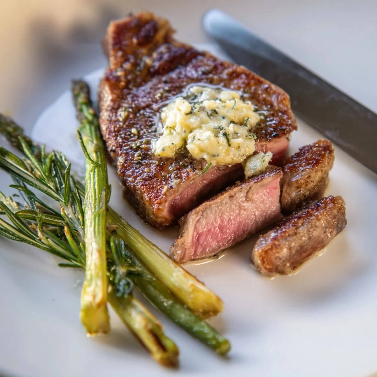 Garlic Herb Steak with Roasted Asparagus and Lemon glistening with garlic herb butter