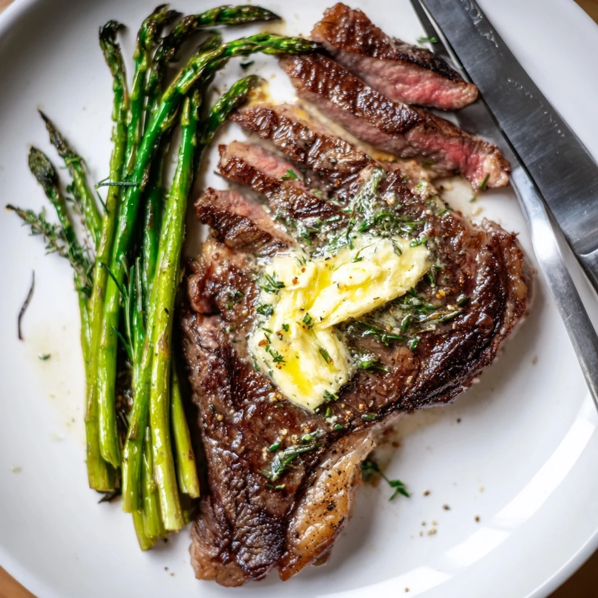 Pan seared Garlic Herb Steak with Roasted Asparagus and Lemon, juices resting