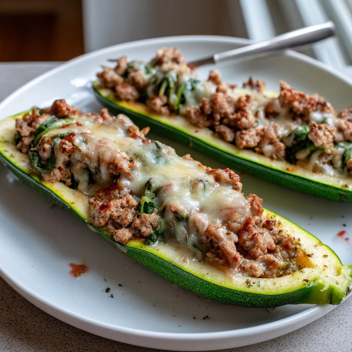 Pesto Turkey and Spinach Zucchini Boats with Fresh Herbs, bubbling golden cheese