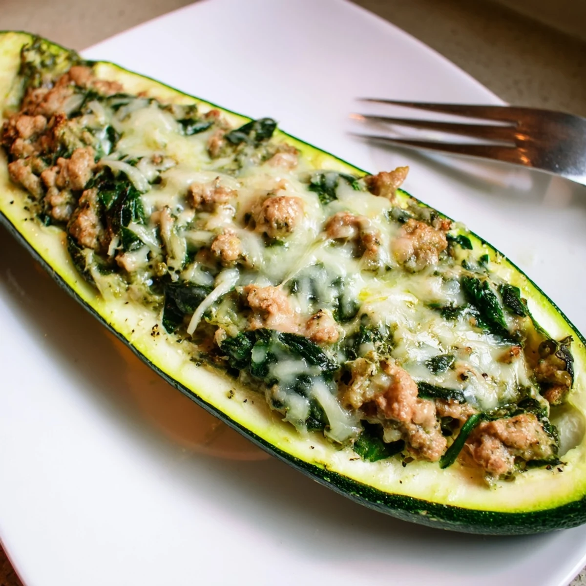 Oven-baked Pesto Turkey and Spinach Zucchini Boats with Fresh Herbs, served warm