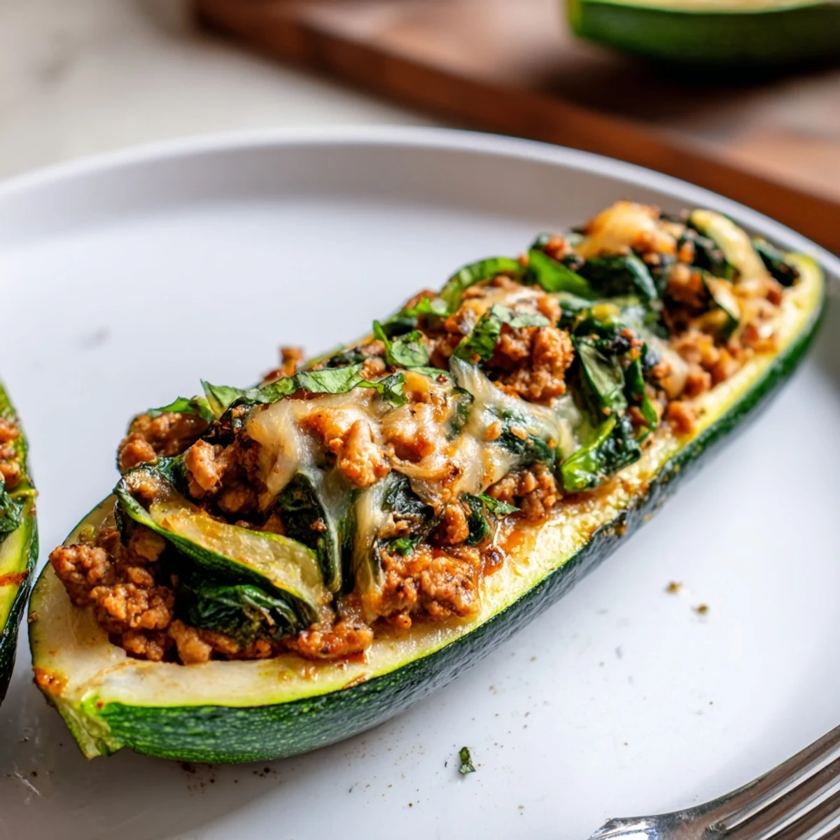 Herb-scented, tender Pesto Turkey and Spinach Zucchini Boats with Fresh Herbs