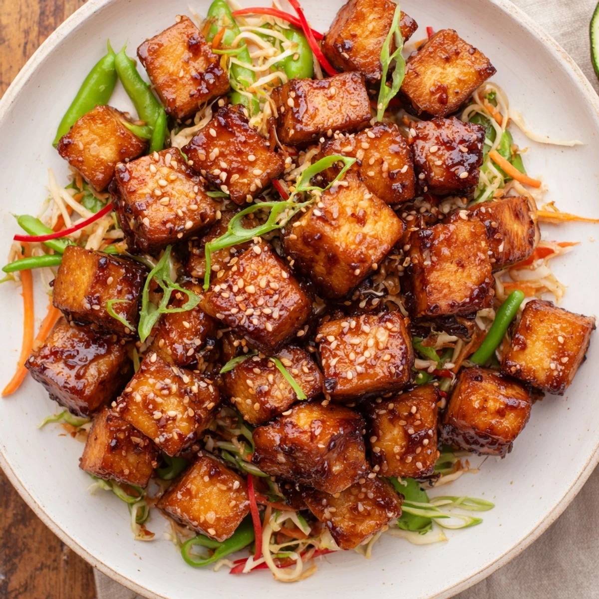 Crispy Chili Garlic Tofu With Sesame Snap Pea Slaw on lime-garnished plate