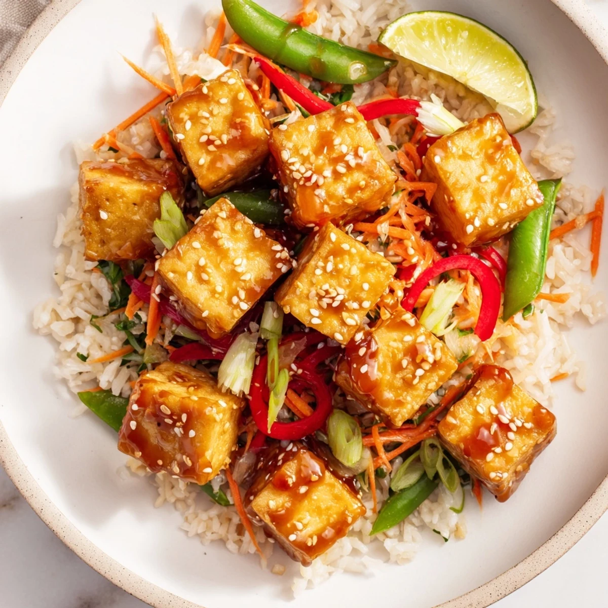 Golden, crunchy cubes of Crispy Chili Garlic Tofu With Sesame Snap Pea Slaw