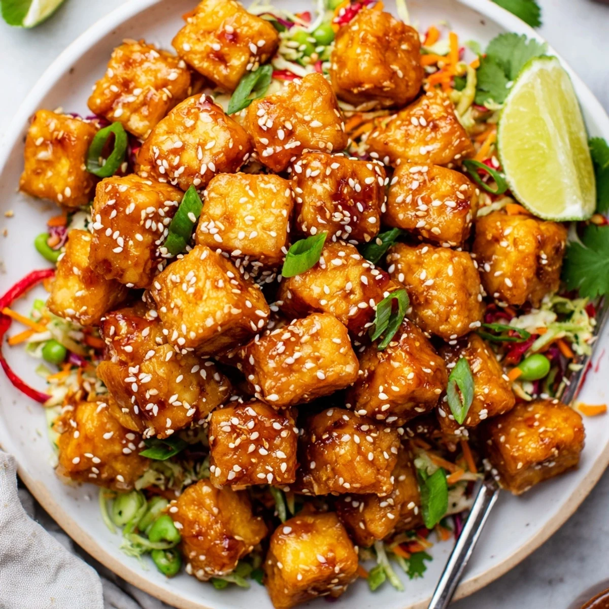 Crispy Chili Garlic Tofu With Sesame Snap Pea Slaw served over jasmine rice