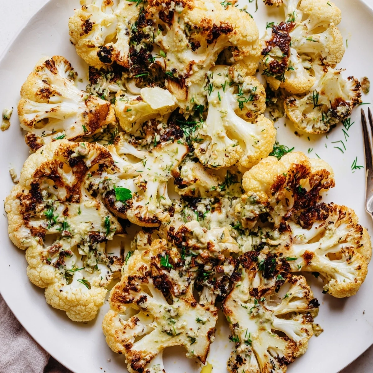 Roasted Cauliflower With Lemon Herb Tahini Drizzle, golden florets steaming, bright citrus aroma