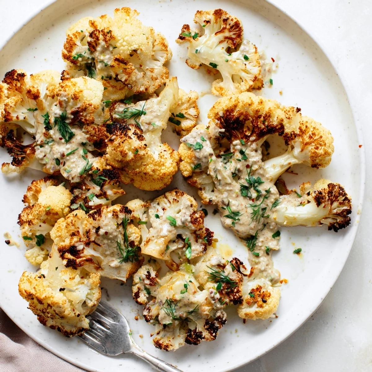 Warm, herb-sprinkled platter highlights Roasted Cauliflower With Lemon Herb Tahini Drizzle