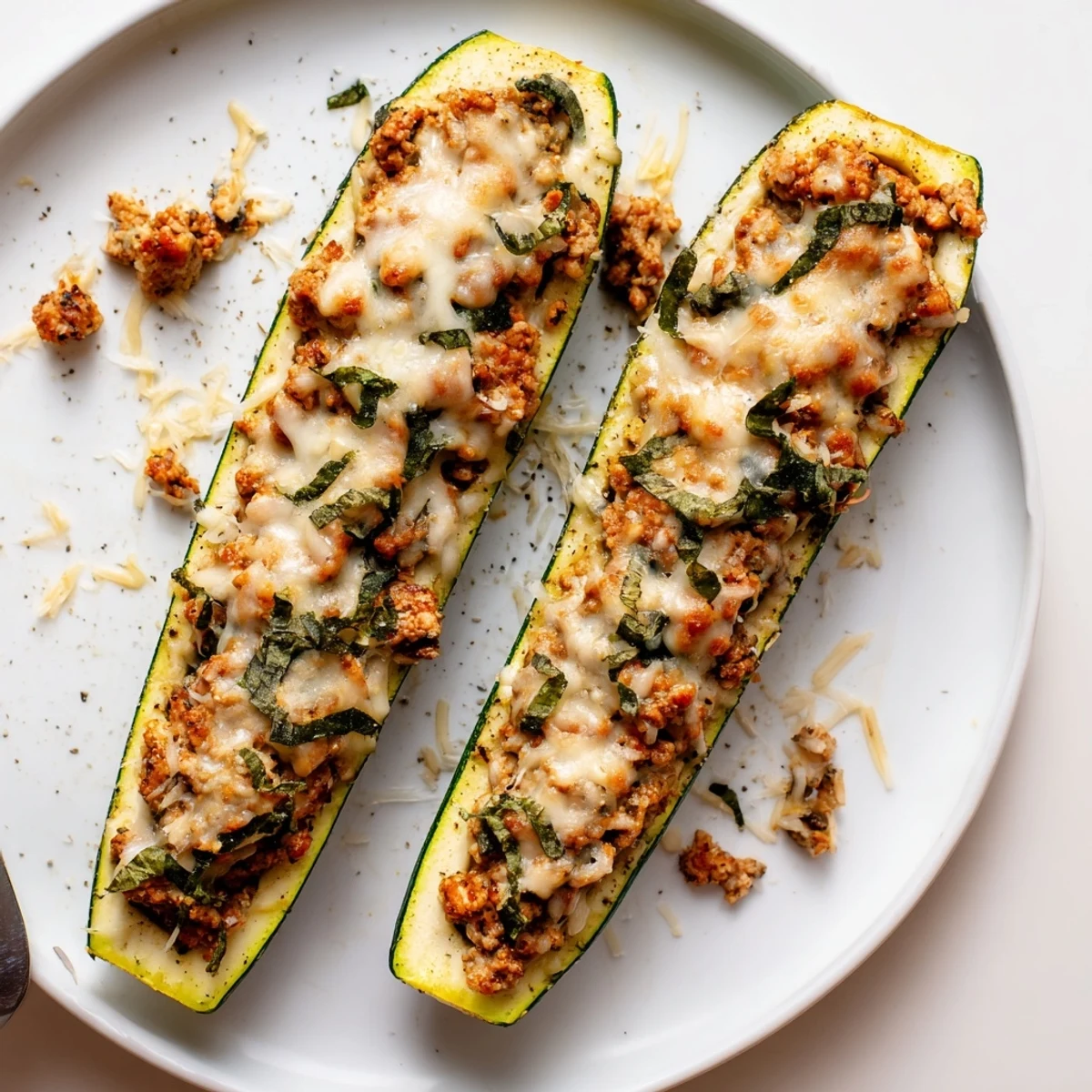 Pesto Turkey and Mushroom Zucchini Boats with Fresh Herbs, bubbling golden cheese