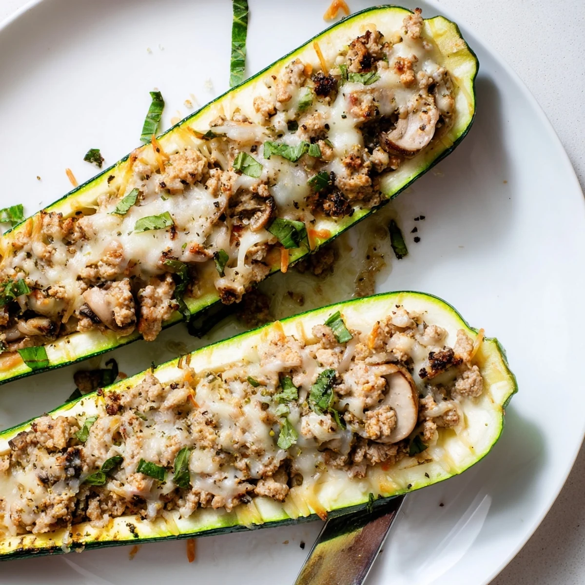 Oven-browned Pesto Turkey and Mushroom Zucchini Boats with Fresh Herbs, herb-scented