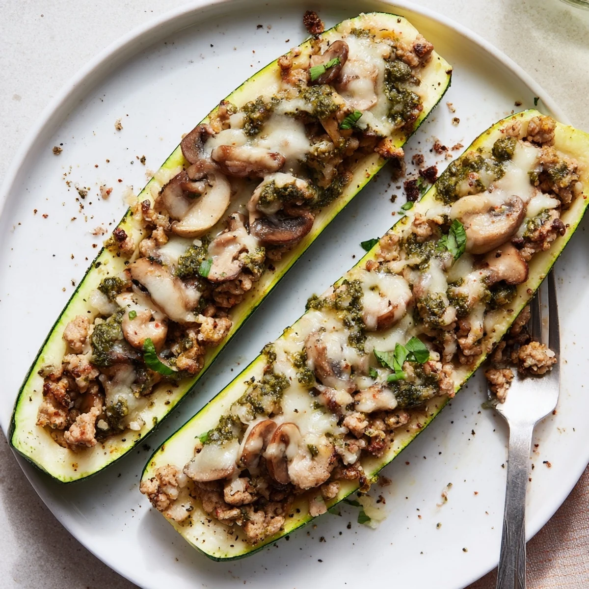 Pesto Turkey and Mushroom Zucchini Boats with Fresh Herbs, served warm with salad