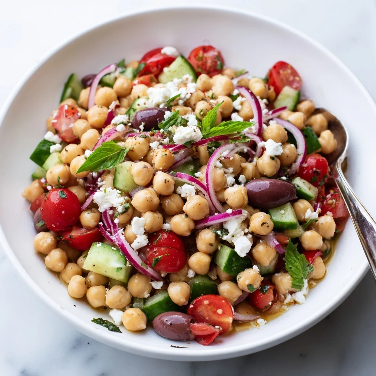 Chilled Mediterranean Chickpea and Tomato Cucumber Basil Salad, citrusy dressing, crunchy cucumber