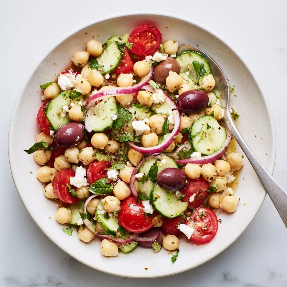 Mediterranean Chickpea and Tomato Cucumber Basil Salad bright, lemony, served with crusty pita