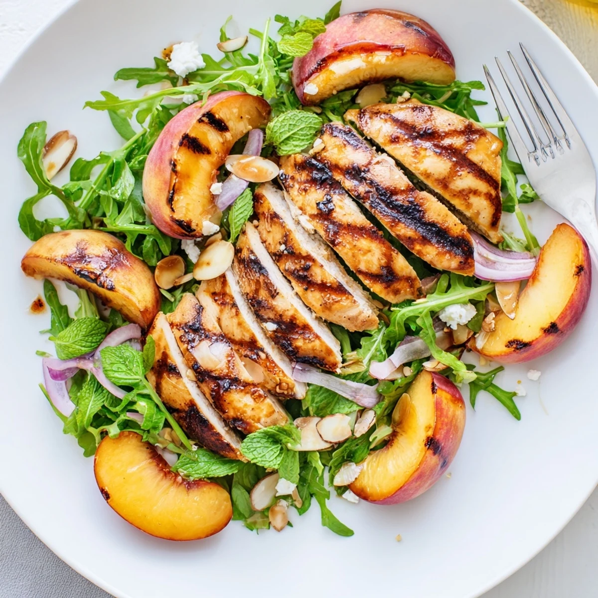 Grilled Nectarine and Arugula Chicken Salad with Mint served with tangy honey-lime vinaigrette.