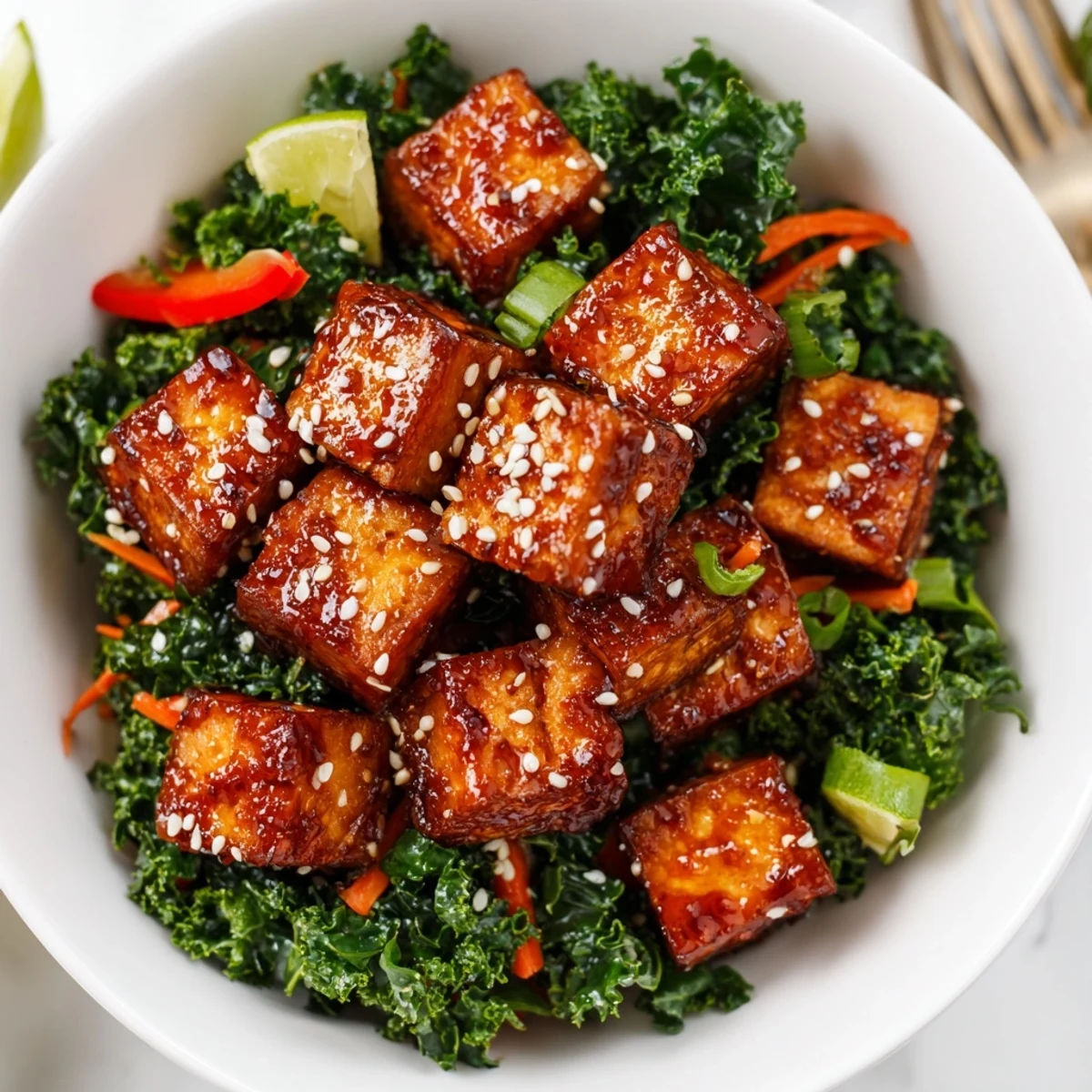 Crispy Chili Sesame Tofu With Ginger Kale Crunch glistening with sticky sesame glaze