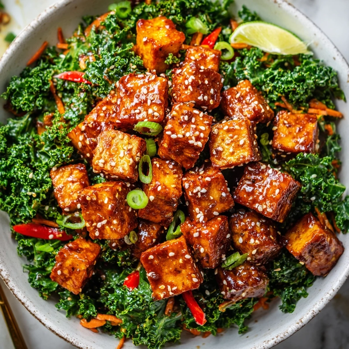 Crispy Chili Sesame Tofu With Ginger Kale Crunch piled over lemony massaged kale