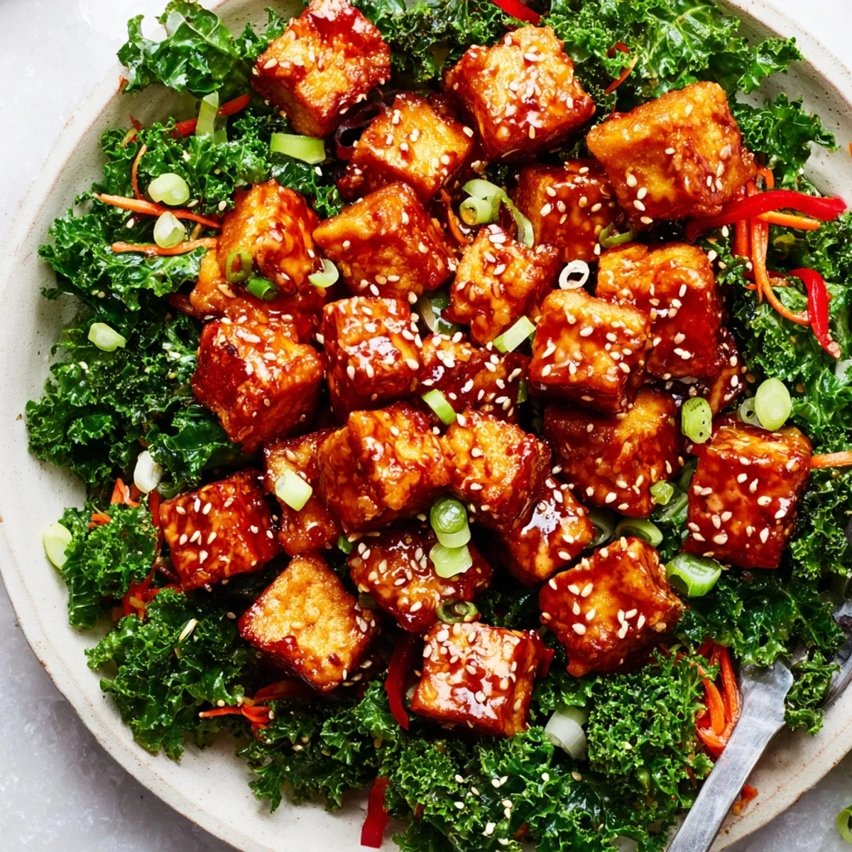 Crispy Chili Sesame Tofu With Ginger Kale Crunch golden cubes topped with green onions