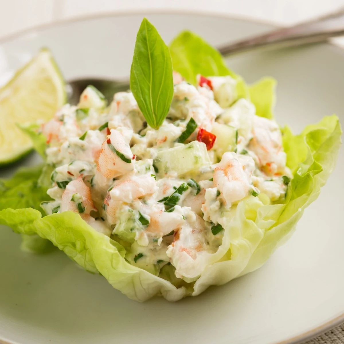 Crisp lettuce holds Cottage Cheese Basil Lime Shrimp Salad Cups, bright and zesty.