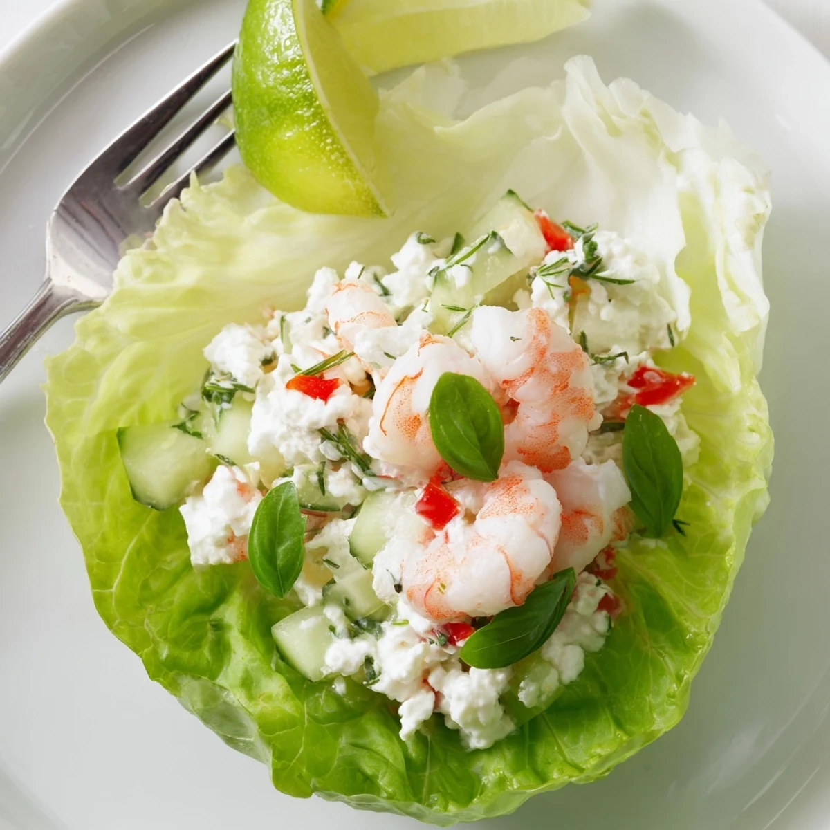 Cottage Cheese Basil Lime Shrimp Salad Cups topped with fresh basil and lime.