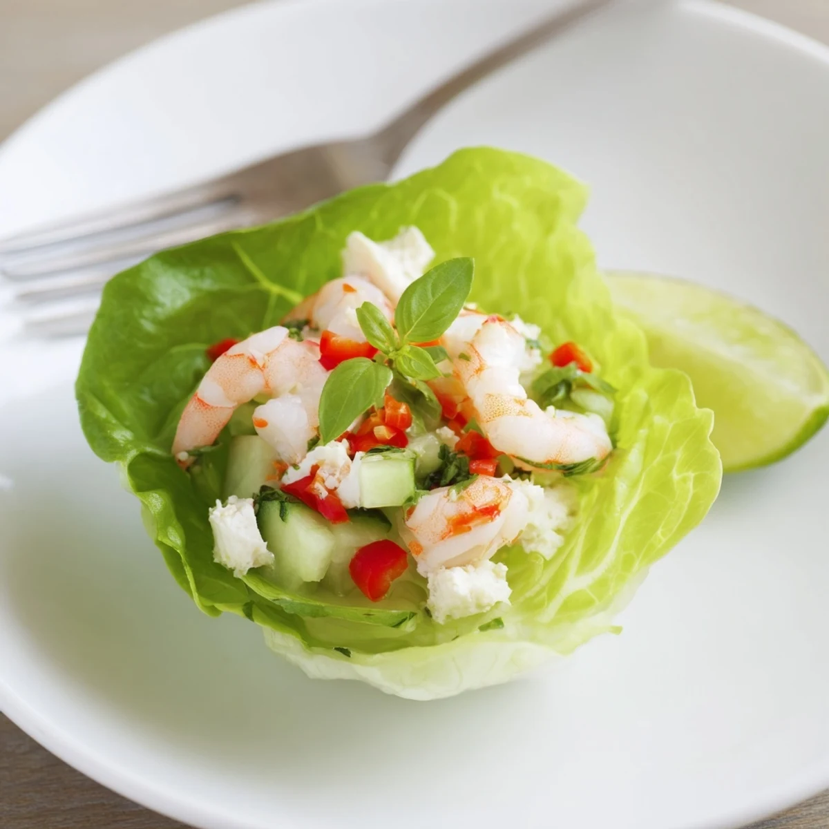 Served chilled, Cottage Cheese Basil Lime Shrimp Salad Cups showcase creamy, herby flavors.