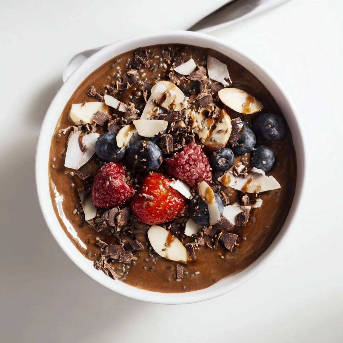 Chocolate Coconut Almond Protein Chia Cream With Berries topped with toasted coconut flakes  
