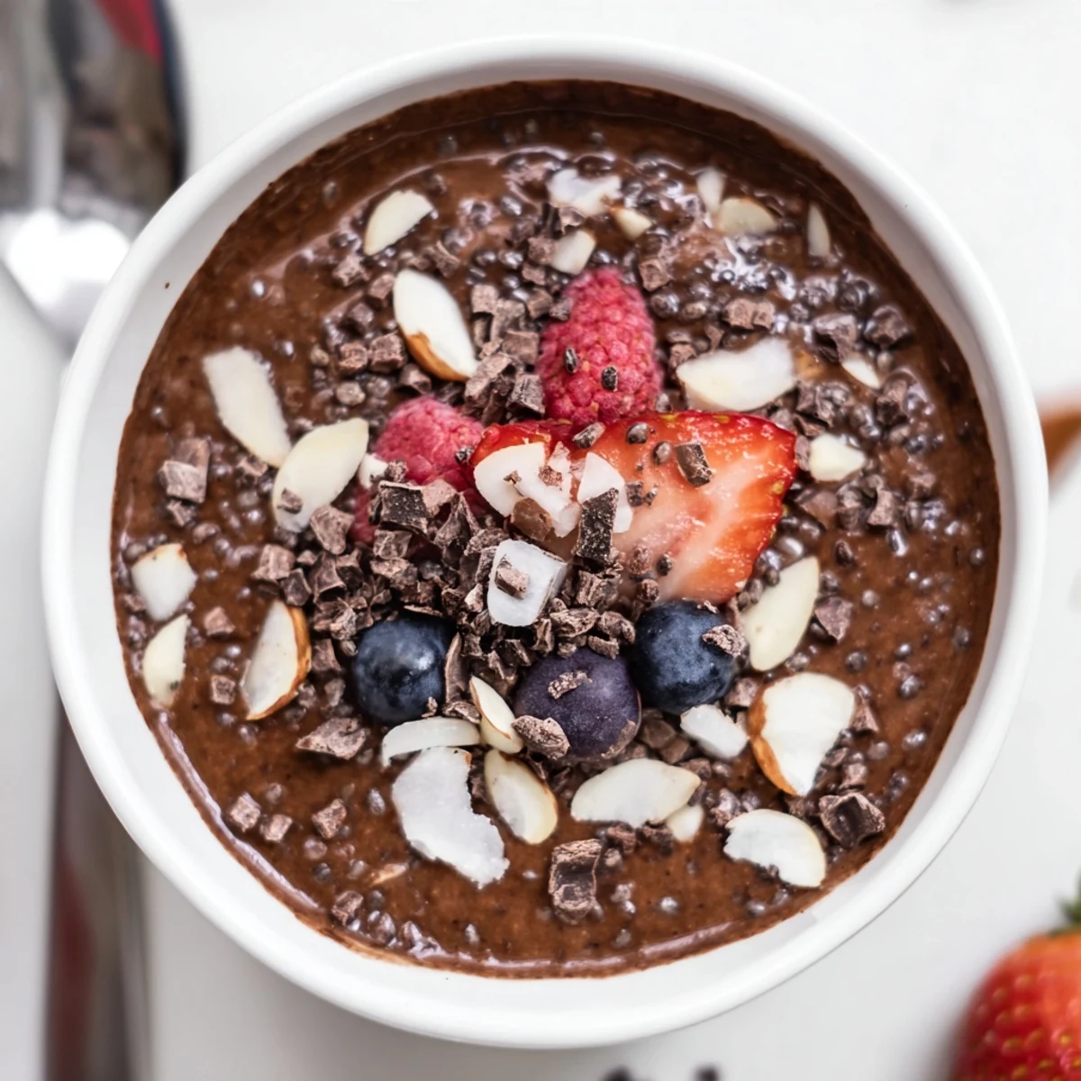 Silky Chocolate Coconut Almond Protein Chia Cream With Berries chilled in glass jars  