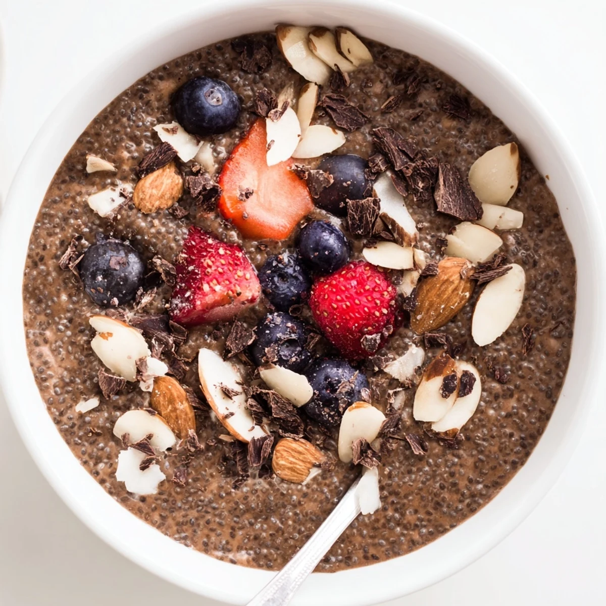 Chocolate Coconut Almond Protein Chia Cream With Berries garnished with sliced almonds, fresh berries