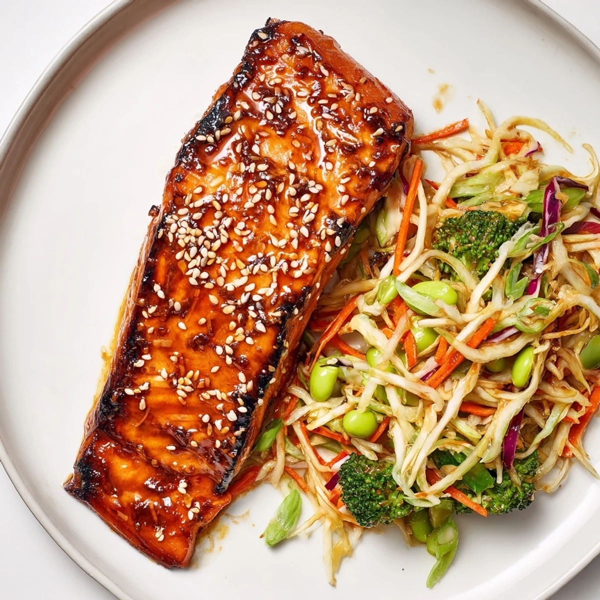 Miso Ginger Salmon With Sesame Broccoli Slaw served warm, fragrant ginger and honey glaze