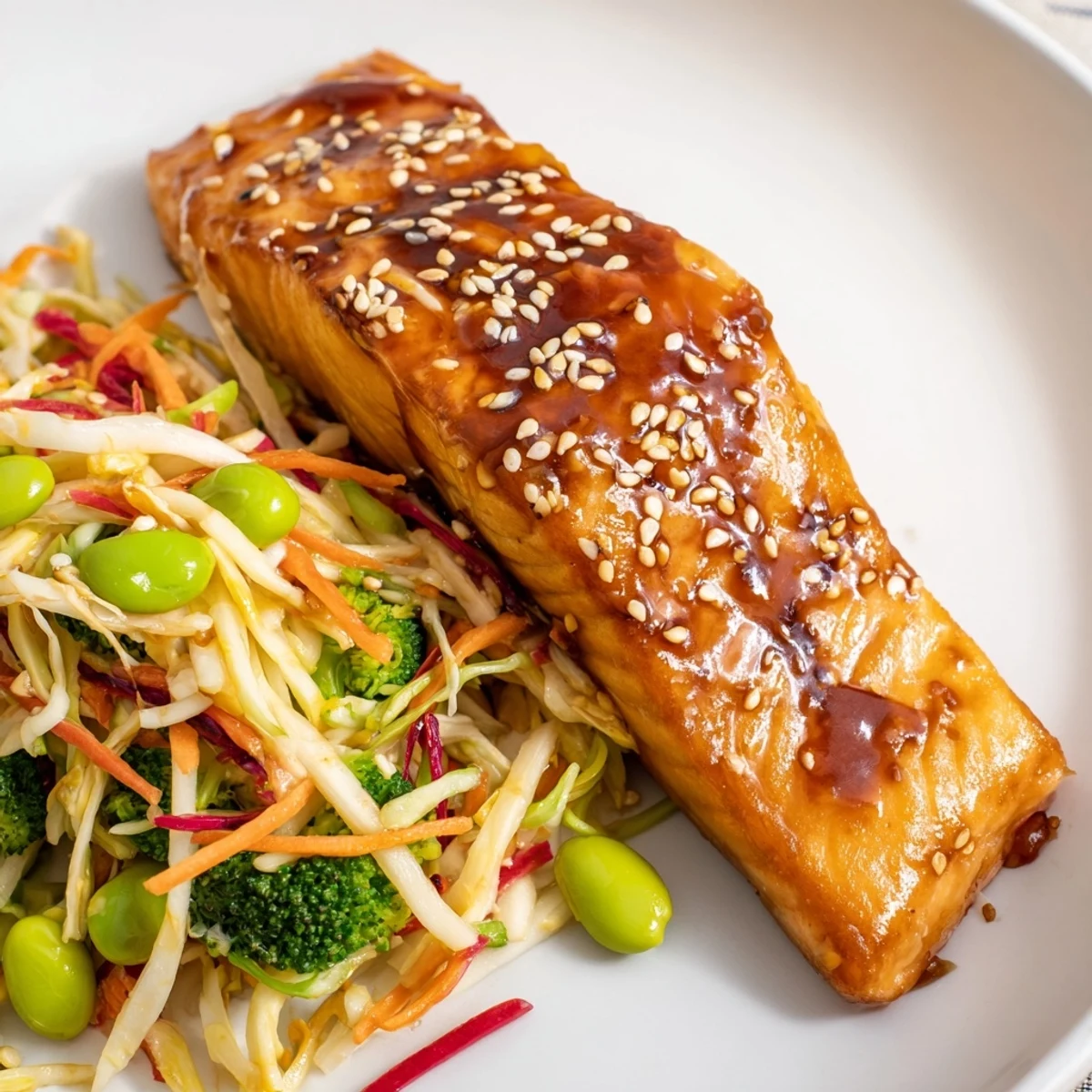 Miso Ginger Salmon With Sesame Broccoli Slaw plated with jasmine rice, tender flaky salmon