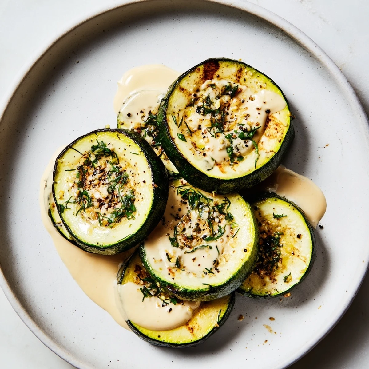 Roasted Zucchini With Lemon Herb Tahini Drizzle on parchment, golden and tender