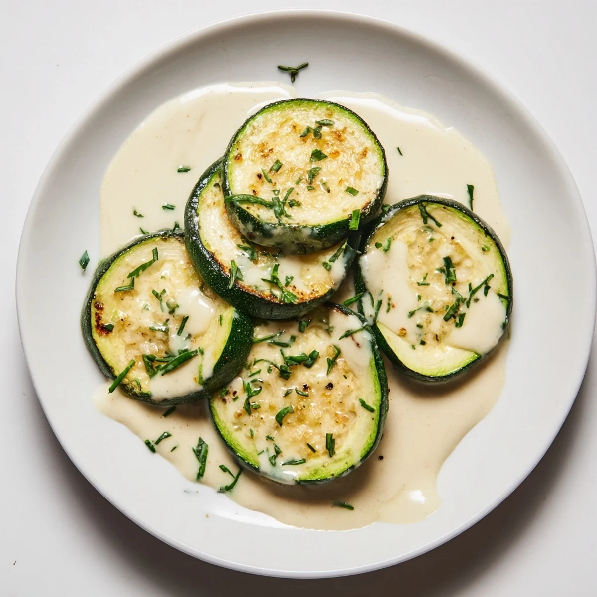 Plated Roasted Zucchini With Lemon Herb Tahini Drizzle beside grilled fish, herb sprinkle