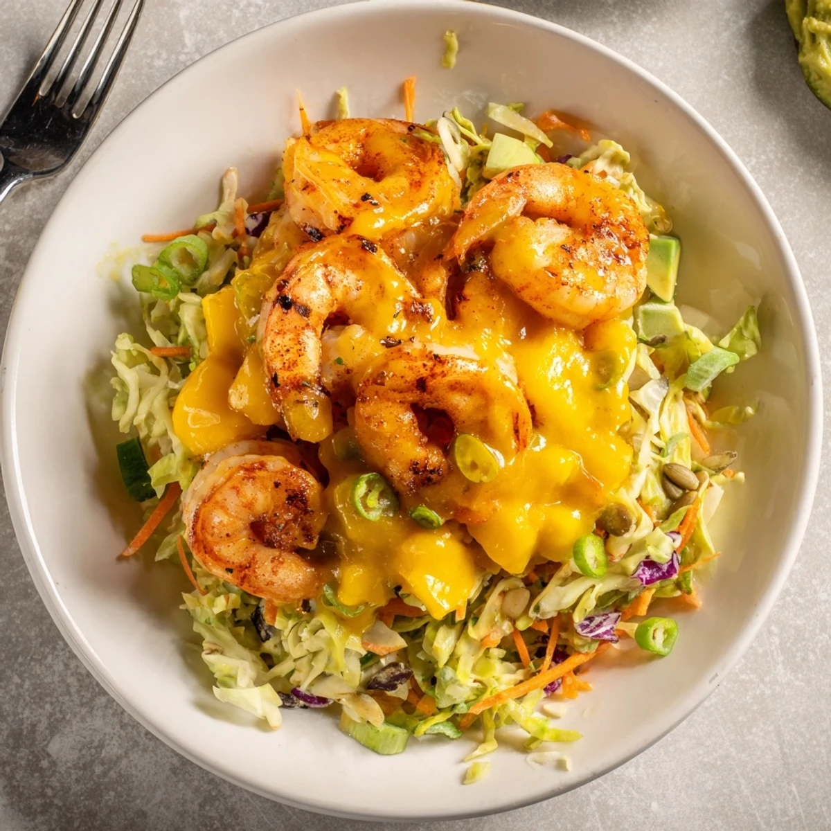 Spicy Mango Shrimp With Lime Avocado Cabbage Crunch on vibrant citrus dressed slaw