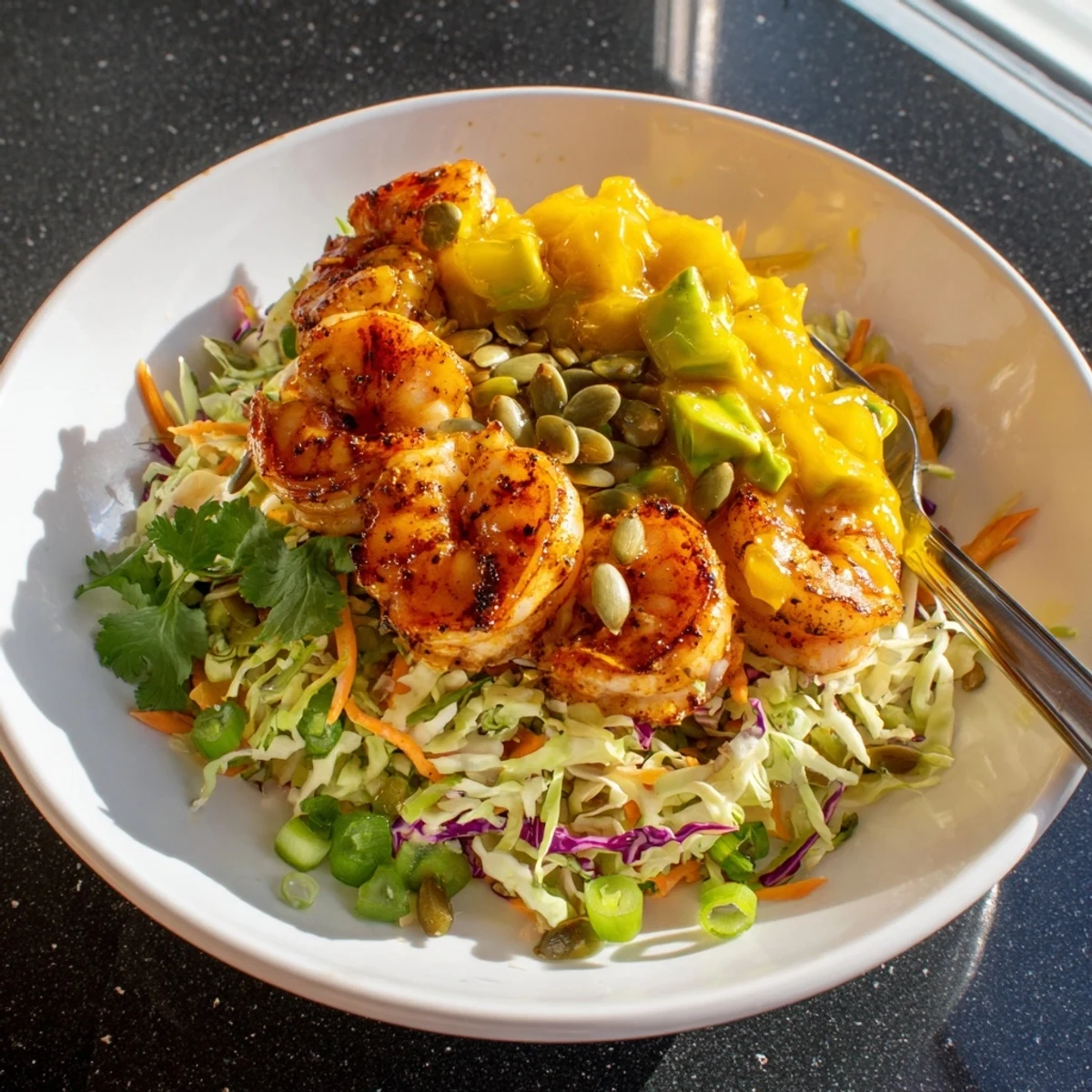 Bowl of Spicy Mango Shrimp With Lime Avocado Cabbage Crunch, tangy mango sauce glistening
