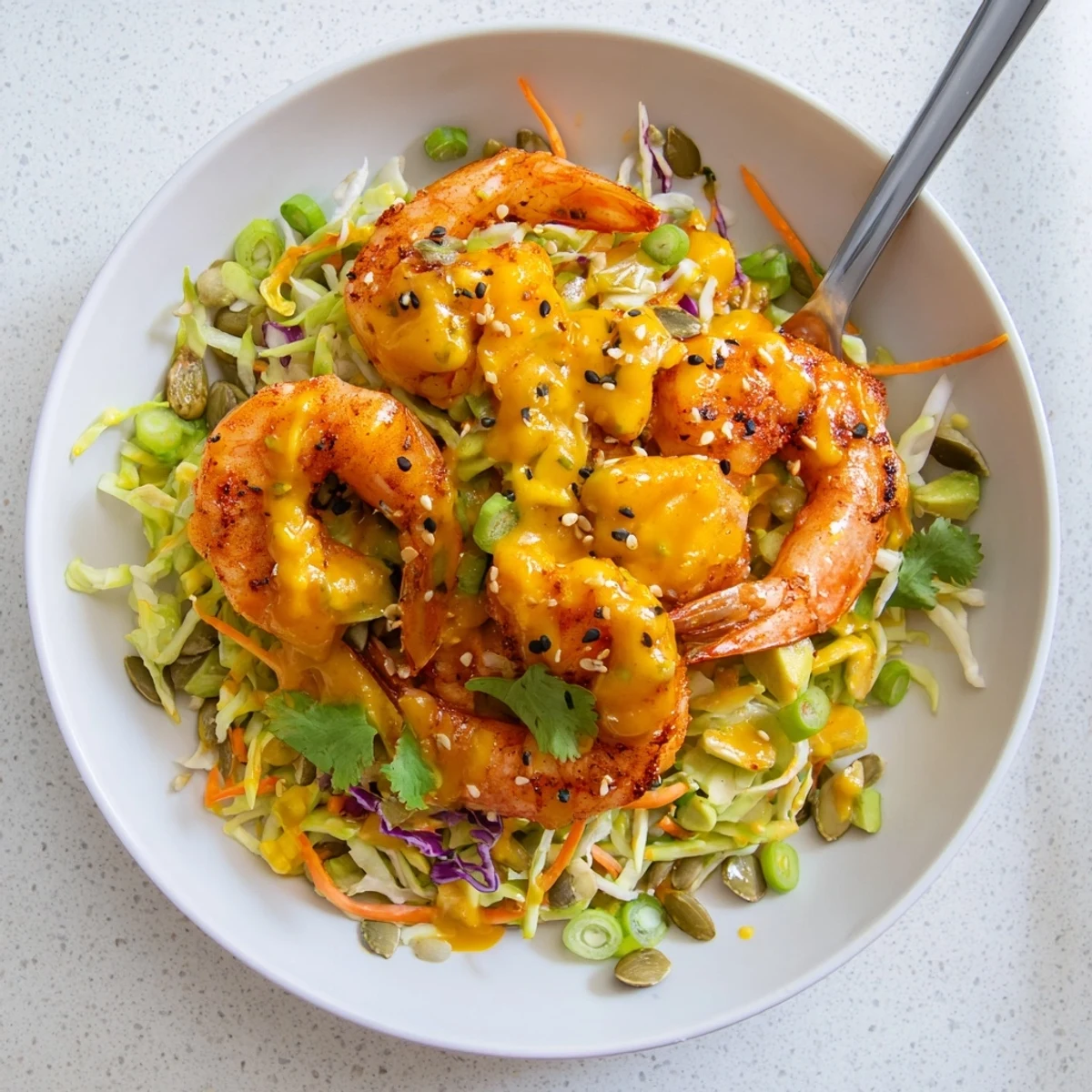 Warm corn tortillas beside Spicy Mango Shrimp With Lime Avocado Cabbage Crunch, crisp slaw