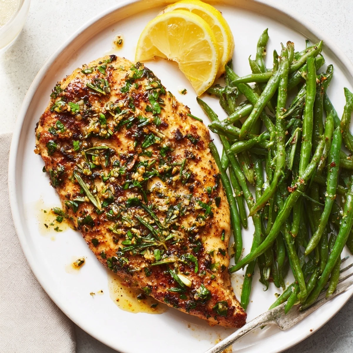 Garlic Herb Chicken With Roasted Green Beans And Lemon, golden-browned chicken with zesty lemon.