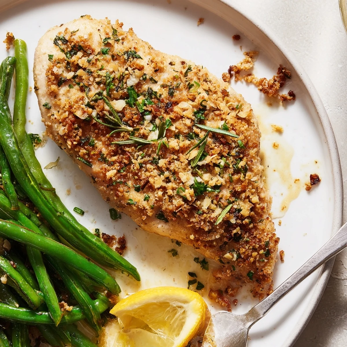 Sheet pan Garlic Herb Chicken With Roasted Green Beans And Lemon, fragrant garlic aroma.