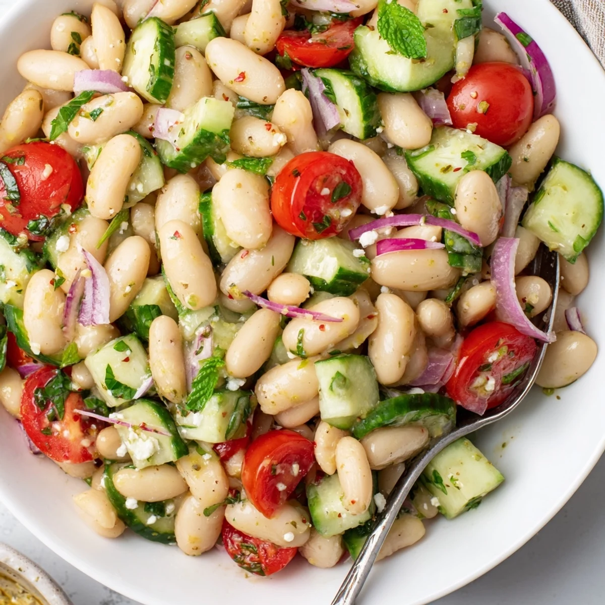 Mediterranean White Bean and Tomato Basil Cucumber Salad, crisp cucumbers and torn basil
