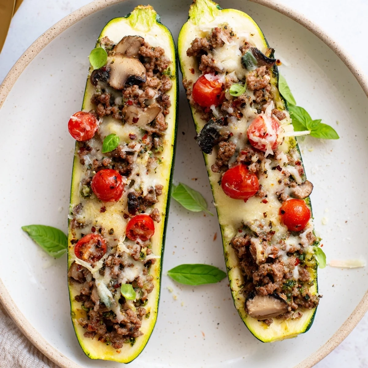 Warm Pesto Turkey and Mushroom Zucchini Boats with Fresh Basil on rustic plate