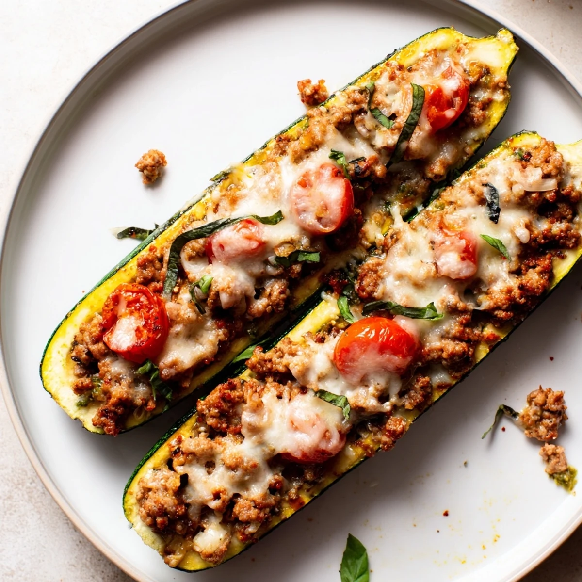 Pesto Turkey and Mushroom Zucchini Boats with Fresh Basil, golden-baked and steaming